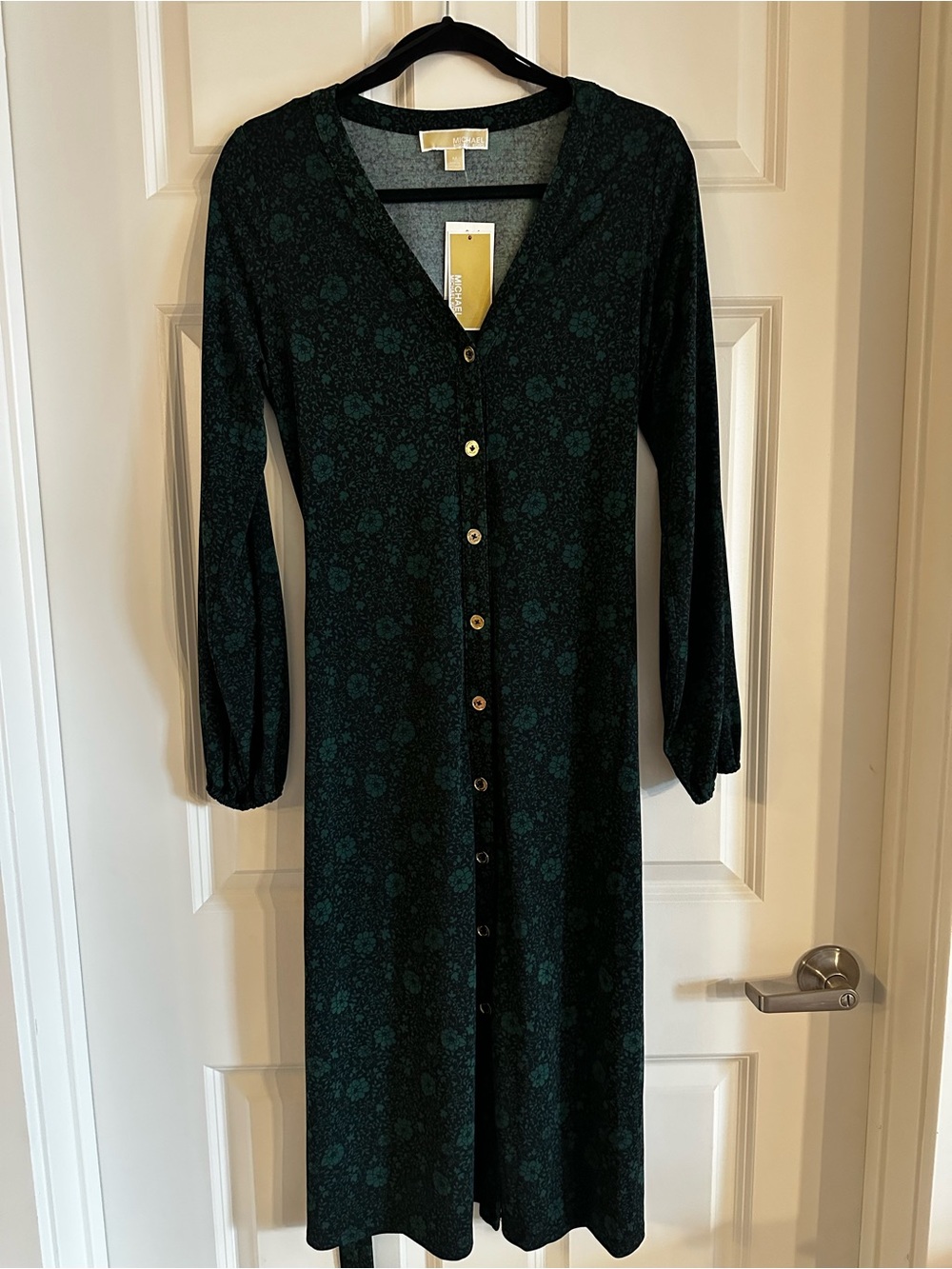 Michael Kors Dark Green Floral Button-Front Long Sleeve Dress